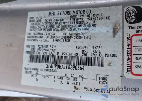 2012 Ford Fusion Se из США, поврежденный, VIN 3FAHP0HA1CR390564